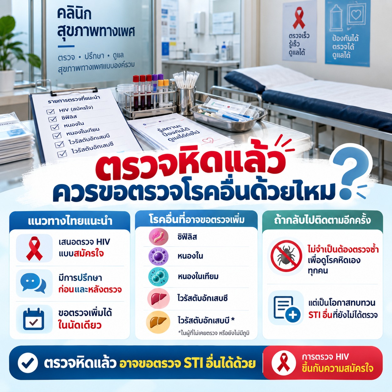 ภาพแนะนำว่าผู้มารับบริการด้าน STI สามารถขอตรวจโรคอื่นร่วมได้ เช่น HIV ซิฟิลิส หนองใน หนองในเทียม ไวรัสตับอักเสบซี และไวรัสตับอักเสบบีในผู้ที่ยังไม่มีภูมิคุ้มกัน โดยการตรวจ HIV ขึ้นอยู่กับความสมัครใจ